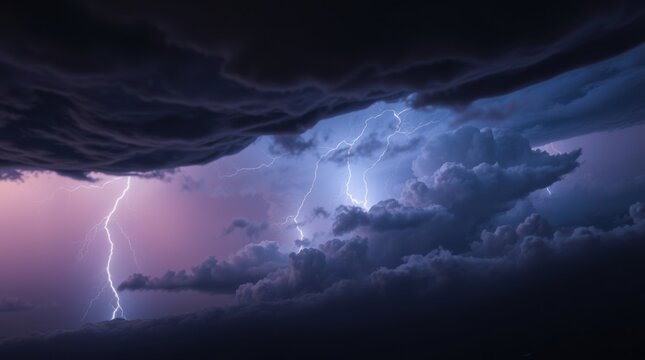 Dramatic lightning storm with bolts illuminating the sky and dark clouds rolling in on a stormy night.