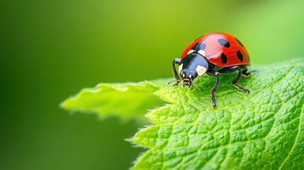 Fototapeta premium Ladybug on green leaf in natural setting for nature and wildlife themes