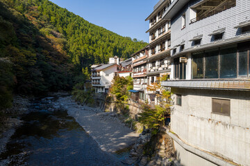 The Hidaka River and village in Ryujin in Asia, Japan, Kansai, Ryujin, in summer, on a sunny day.