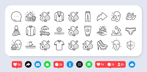 Health skin, Pants and Uv protection line icons pack. Social media: share, comment, like icons. Folate vitamin, Cream, Sunscreen web icon. Biotin vitamin, Shoes, Suit pictogram. Vector