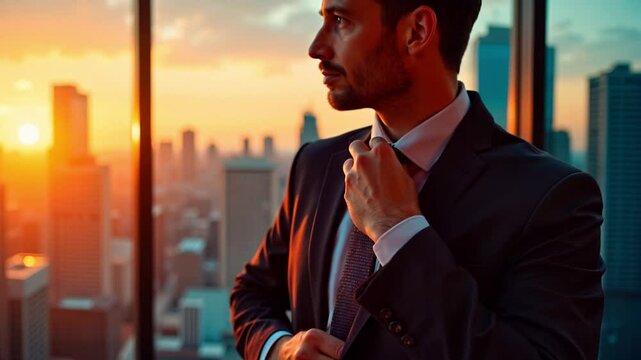 Confident Businessman Adjusting Tie Against City Sunset View