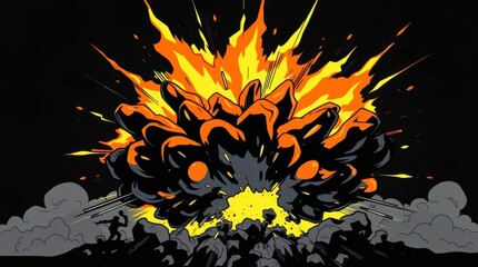 Vibrant, dynamic explosion of orange and yellow amidst dark grey smoke in a stylized, cartoonish illustration.