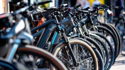 Row of modern electric bikes displayed for sale in a bicycle shop