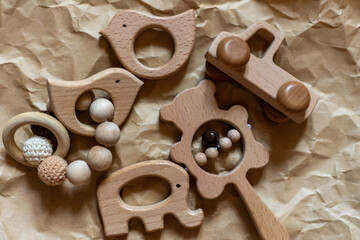 Wooden teething toys . Elephant bird and others .Ecological toys for children.