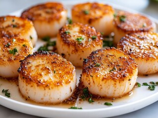 scallops, perfectly seared with a golden crust and arranged on a white plate with green garnish