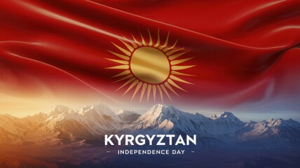 A poster dedicated to the Independence Day of Kyrgyzstan, the central place is occupied by the Kyrgyz flag on a red background and the emblem of the sun with 40 rays. The mountains are depicted below.