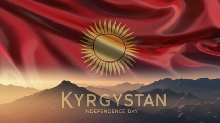 A poster dedicated to the Independence Day of Kyrgyzstan, the central place is occupied by the Kyrgyz flag on a red background and the emblem of the sun with 40 rays. The mountains are depicted below.