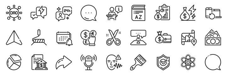 Interview job, Voice wave and Brush line icons pack. Share, Message, Paper plane icons. Dao, Report, Notification web icon. Money currency, Paint roller, Bank document pictogram. Vector