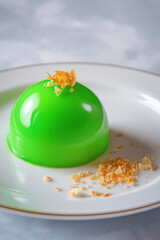 vibrant green pandan flavored mousse with coconut topping on a white plate, fresh and light dessert option