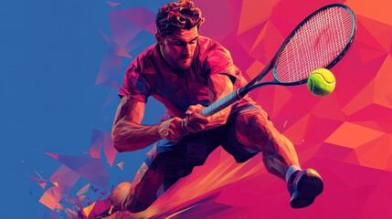 Dynamic Tennis Player Reaching for a Ball in an Abstract and Colorful Background Captured During an Intense Match at a Sporting Event