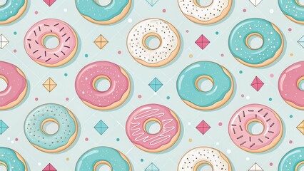 Naklejka premium Colorful Donuts With Various Frostings And Sprinkles Arranged In A Seamless Pattern On A Soft Pastel Background. Ideal For Bakery Branding, Dessert-Themed Marketing, And Sweet Celebrations...