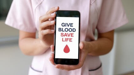 Woman holds phone displaying a blood donation appeal message