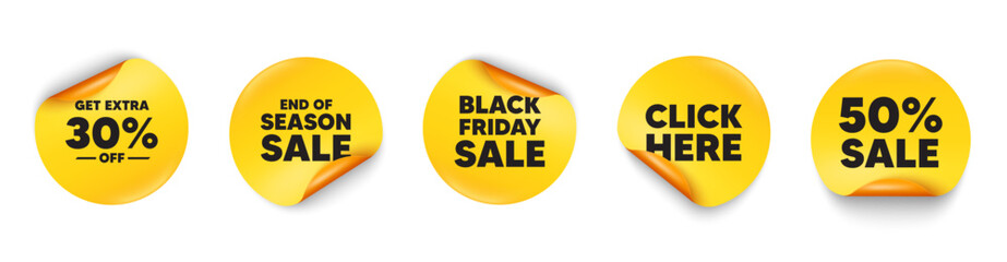 Extra discount sticker tag. 50 percent discount, Black friday paper price banners. Get Extra 30 percent off Sale. Discount offer price sign. Special offer symbol. Save 30 percentages. Vector