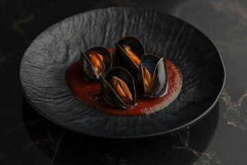 seafood mussels with herbs in a dark bowl on a black background, perfect for upscale restaurant menus and culinary art presentations
