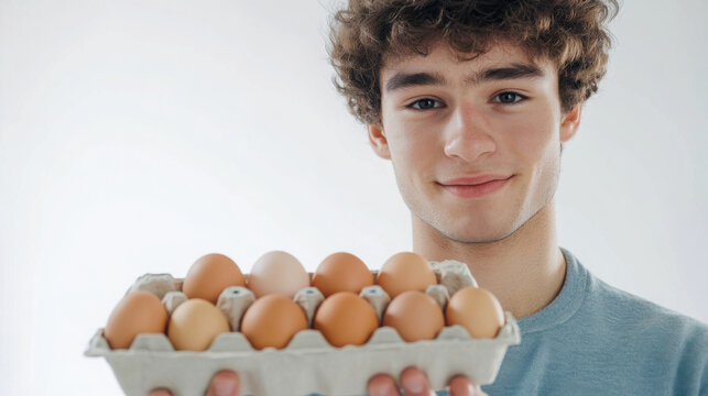 Young man smiling, holding a carton of fresh brown eggs in bright setting