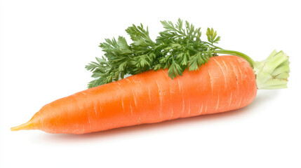 A fresh carrot with its leafy greens still attached, isolated in a cutout style against a white background