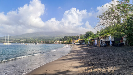 View of the beach and moored yachts in Martinique in the Caribbean Islands, near Saint Pierre