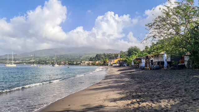View of the beach and moored yachts in Martinique in the Caribbean Islands, near Saint Pierre
