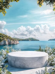 Beautiful Marble Planter With Vibrant Flowers Beside Tranquil Blue Waters and Scenic Mountains Under a Bright Sky