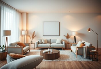 Cozy living room interior with modern furniture and warm lighting