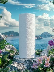 Beautiful Marble Planter With Vibrant Flowers Beside Tranquil Blue Waters and Scenic Mountains Under a Bright Sky