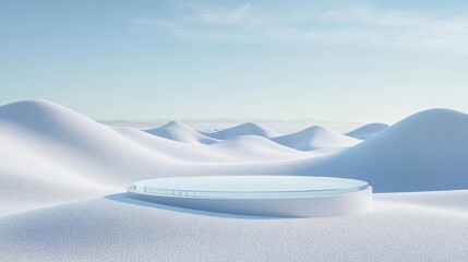 Stunning Snowy Landscape Featuring Rolling Dunes and a Circular Platform Under a Dramatic Sky