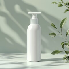 Elegant White Bottle With Pump on a Light Surface Surrounded by Green Leaves Creating a Serene and Modern Atmosphere