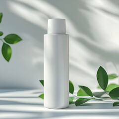 Elegant White Bottle With Pump on a Light Surface Surrounded by Green Leaves Creating a Serene and Modern Atmosphere