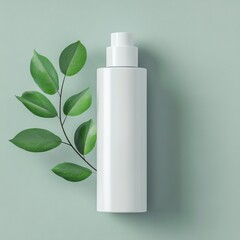 Elegant White Bottle With Pump on a Light Surface Surrounded by Green Leaves Creating a Serene and Modern Atmosphere