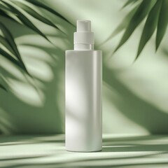 Elegant White Bottle With Pump on a Light Surface Surrounded by Green Leaves Creating a Serene and Modern Atmosphere
