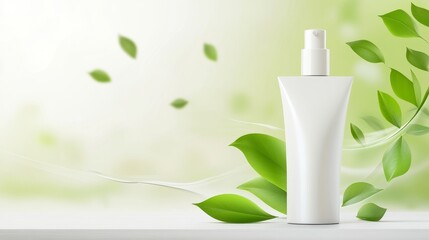 Serene Composition Featuring a Clear Serum Bottle Surrounded by Green Leaves on a Soft Surface