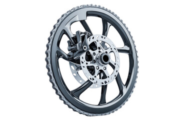 Sleek motorcycle wheel against a minimalist backdrop in a dynamic display of engineering design isolated on transparent background