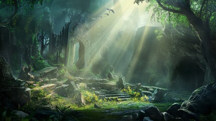 Fototapeta premium Sunlit Enchanting Forest Ruins: An Ancient Pathway