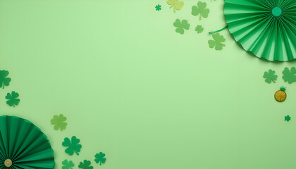 St. Patrick's Day concept, green backdrop, shamrock shapes, leprechaun headgear, paper fan, celebratory Irish embellishments, flat lay arrangement,
