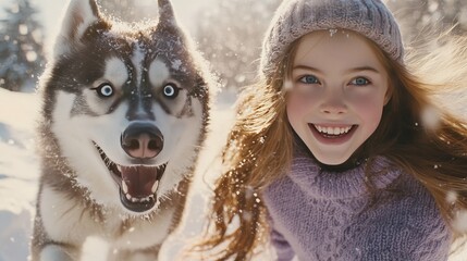 Smiling Girl With a Husky Dog Enjoying a Snowy Day in a Winter Wonderland