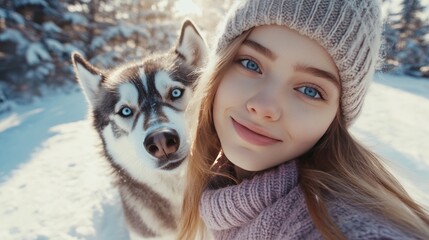 Smiling Girl With a Husky Dog Enjoying a Snowy Day in a Winter Wonderland