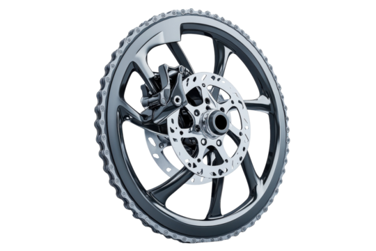 Sleek motorcycle wheel against a minimalist backdrop in a dynamic display of engineering design isolated on transparent background