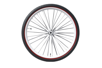 A vibrant bicycle wheel stands tall against a simple backdrop, showcasing its intricate spoke design isolated on transparent background