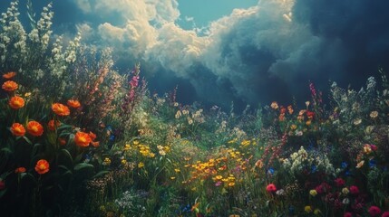 Colorful Wildflower Meadow in the Mountains During a Sunny Day With Clear Blue Skies and Distant Snow-Capped Peaks, Capturing Nature's Beauty and Tranquility