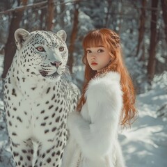 Young Woman With Red Hair Stands Beside a Snow Leopard in a Winter Forest, Showcasing a Harmonious Bond Between Human and Wildlife in a Serene Snowy Setting
