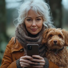 Woman With Silver Hair and Dog Using Smartphone While Outdoors in a Forested Area During a Cool Day in Autumn