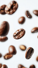 Floating coffee beans on white background - fresh aroma and texture concept for cafe decor