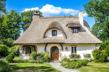 Fototapeta premium Traditional thatched-roof house in a rural setting, surrounded by greenery and flowers, under a blue sky.