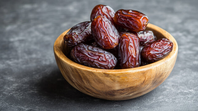 A rustic wooden bowl filled with dried Sagay dates, elegantly placed against a gray background