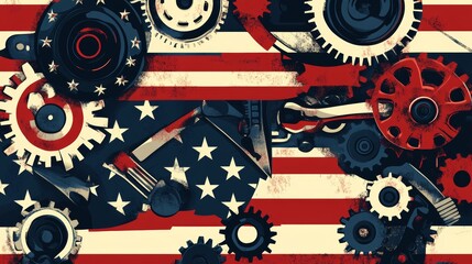 Gears and Tools Blend With American Flag Design Showcasing Industrial Spirit and Patriotism in a Creative and Artistic Representation