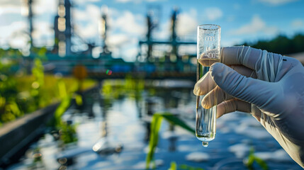 Test tube with water sample in hand of scientist on background of sewage treatment plants. Hand in a protective latex glove. Concept of environmental protection. Сlose-up.
