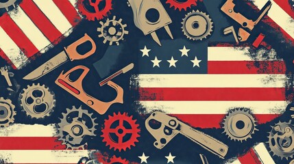 Gears and Tools Blend With American Flag Design Showcasing Industrial Spirit and Patriotism in a Creative and Artistic Representation