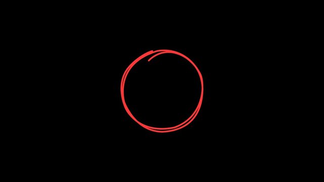 Animated hand drawn red circle. 4k video of hand drawn red circle animation. Red circle design element isolated on transparent background.