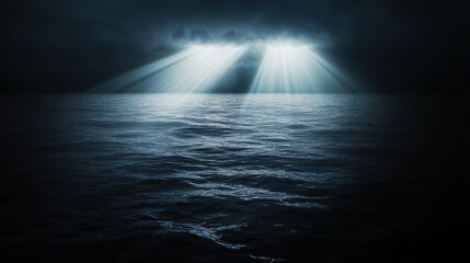 Dramatic Ocean Scene with Sunbeams Breaking Through Dark Storm Clouds