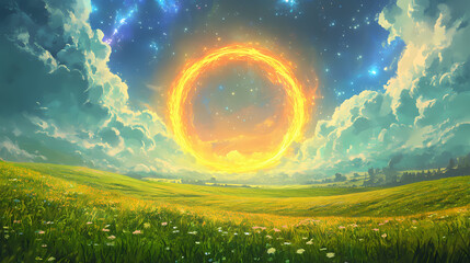 Obraz premium A vibrant landscape with a glowing portal amidst a starry sky and lush green fields. Eldritch Sky Portals. Illustration